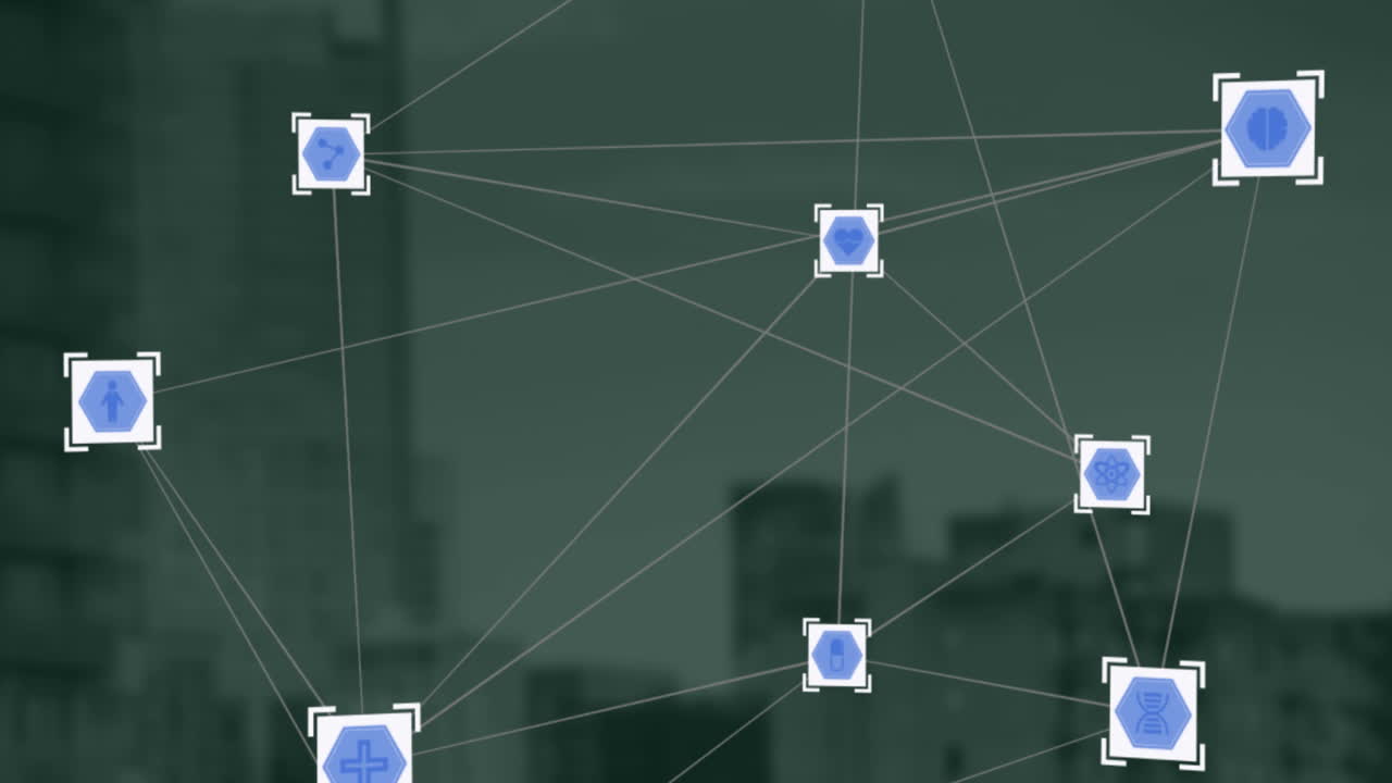 animación de una red de iconos digitales frente a una vista aérea de edificios altos