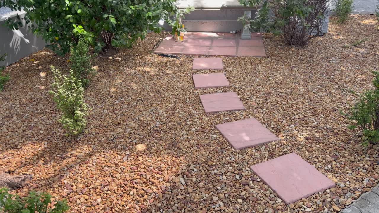 A cement and stone landscaped path in a small back garden