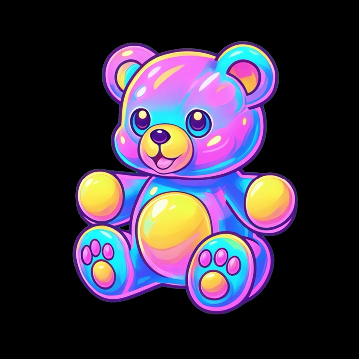 Personagem de ursinho de goma iridescente animado em fundo preto