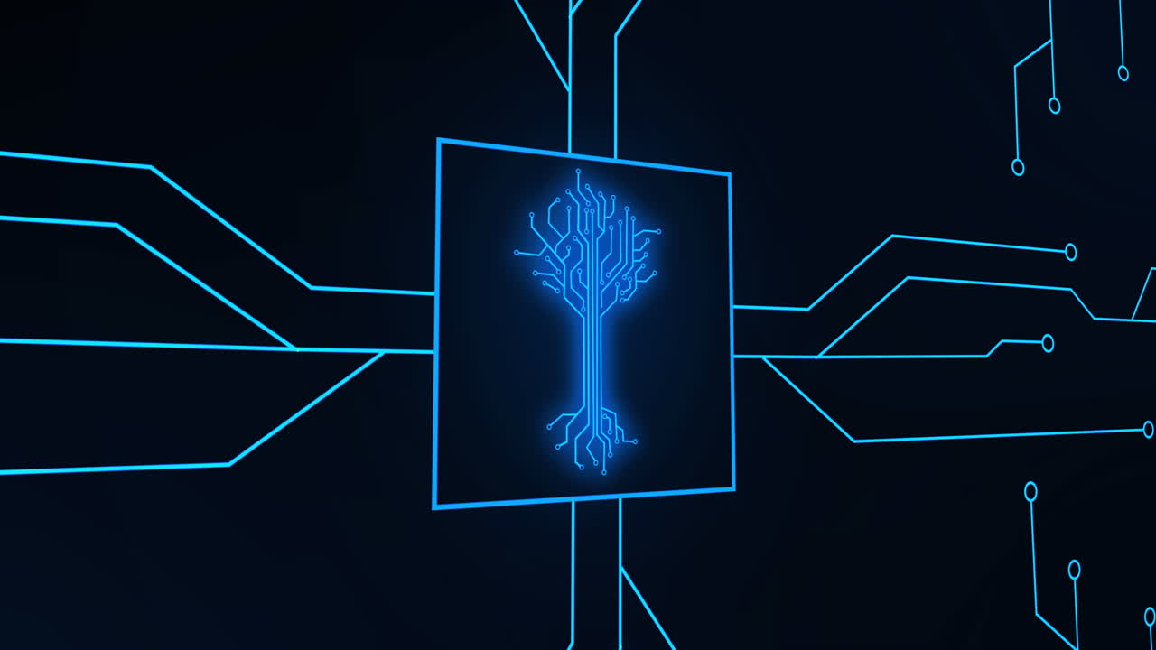 animación de circuito integrado y árbol digital sobre fondo negro