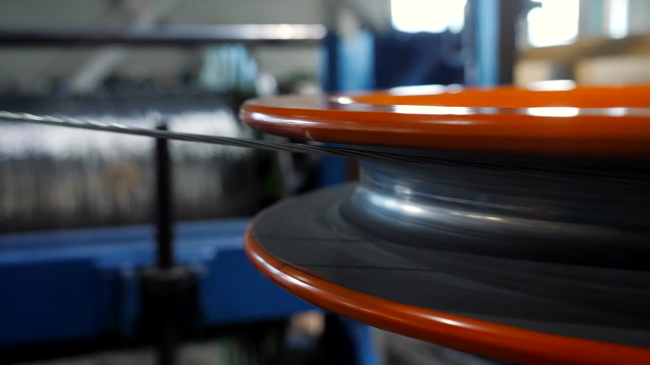 fabricación de cables eléctricos. primer plano de un alambre de aluminio dibujado por el método de dibujo en el equipo de la fábrica.