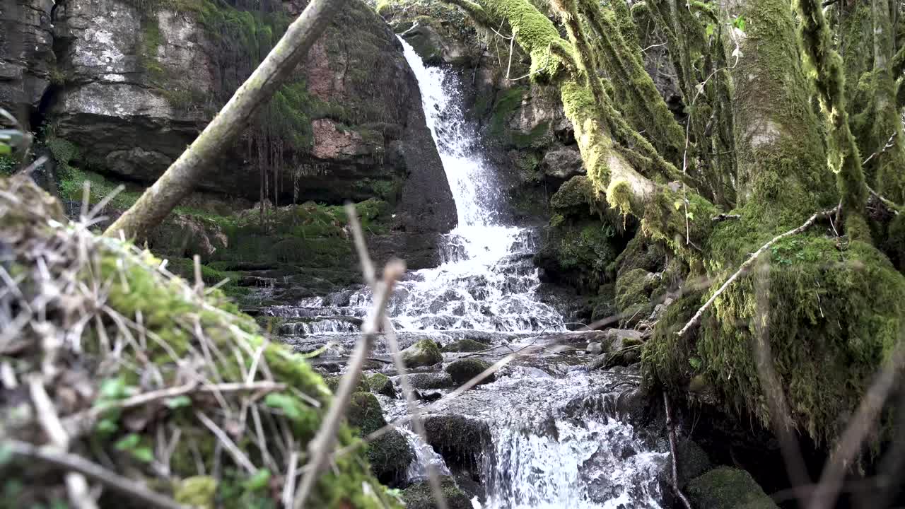 4k, tiro largo con elementos de primer plano, pequeña cascada que fluye sobre rocas en el bosque, gales del sur, reino unido