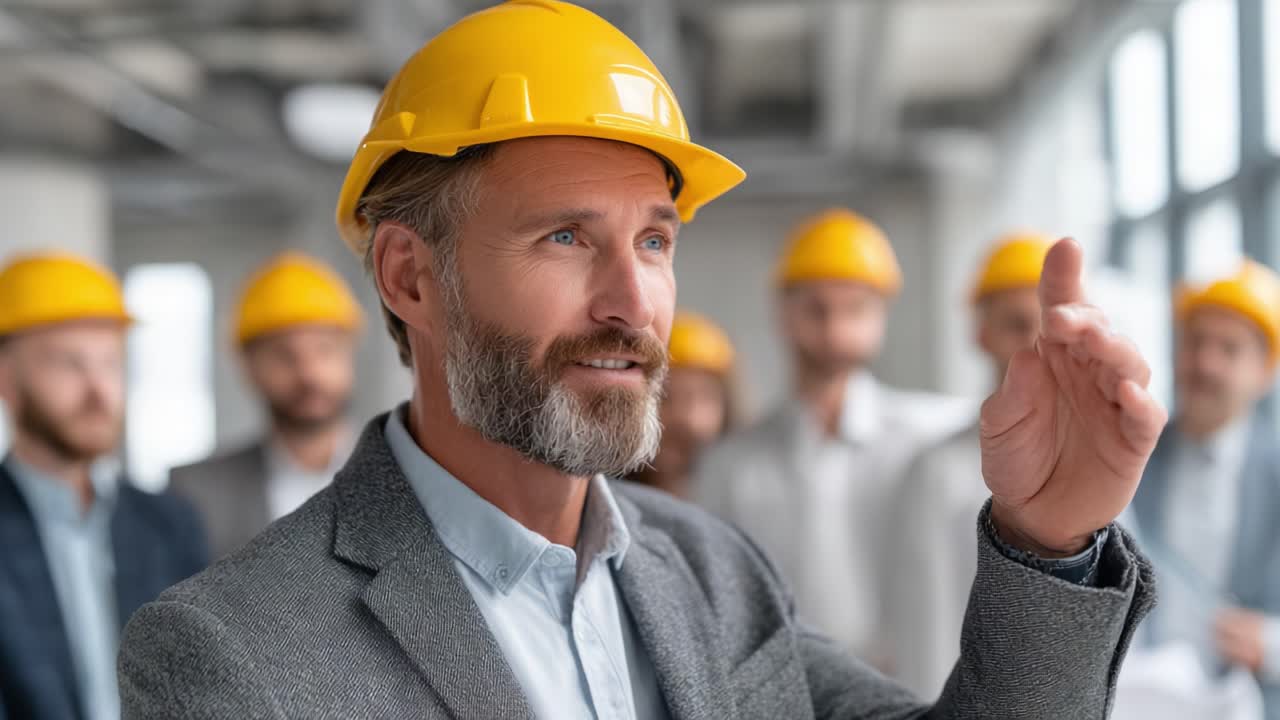 A professional construction leader delivers a motivational speech to his team amidst a modern workspace, showcasing leadership and teamwork with safety helmets