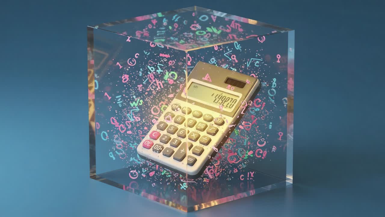 A Creative Display of a Calculator Encased in a Transparent Cube Surrounded by Colorful Mathematical Symbols and Numbers, Highlighting the Intersection of Technology and Education