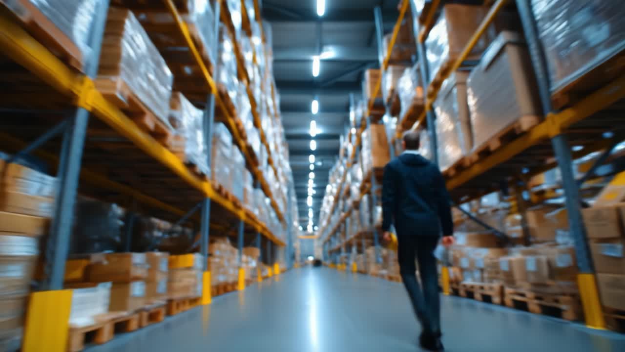 A warehouse scene depicting the organized storage of goods and materials, showcasing the efficient layout and management of inventory in a large commercial space, with a focus on the aisles filled with packages