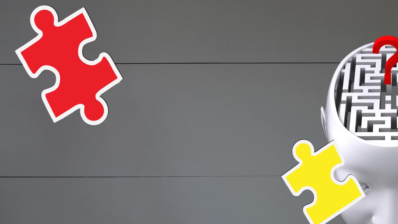 animación de piezas de rompecabezas verdes, amarillas y rojas que caen sobre la cabeza humana con laberinto y signo de pregunta