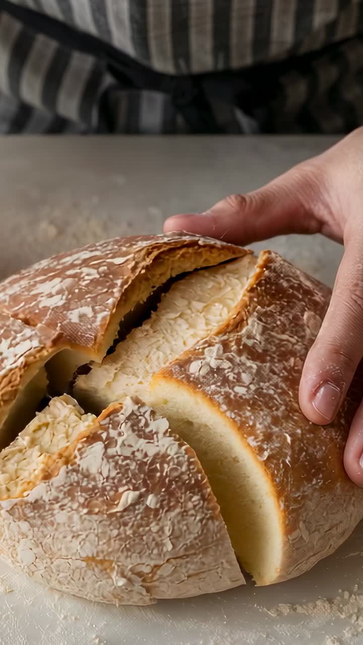 Video verticale: Fornaio in grembiule a righe affetta con un coltello un pane artigianale sul bancone per il servizio