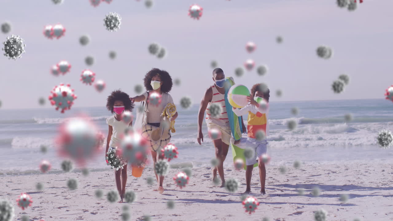 animación de células de virus sobre una familia afroamericana caminando por la playa