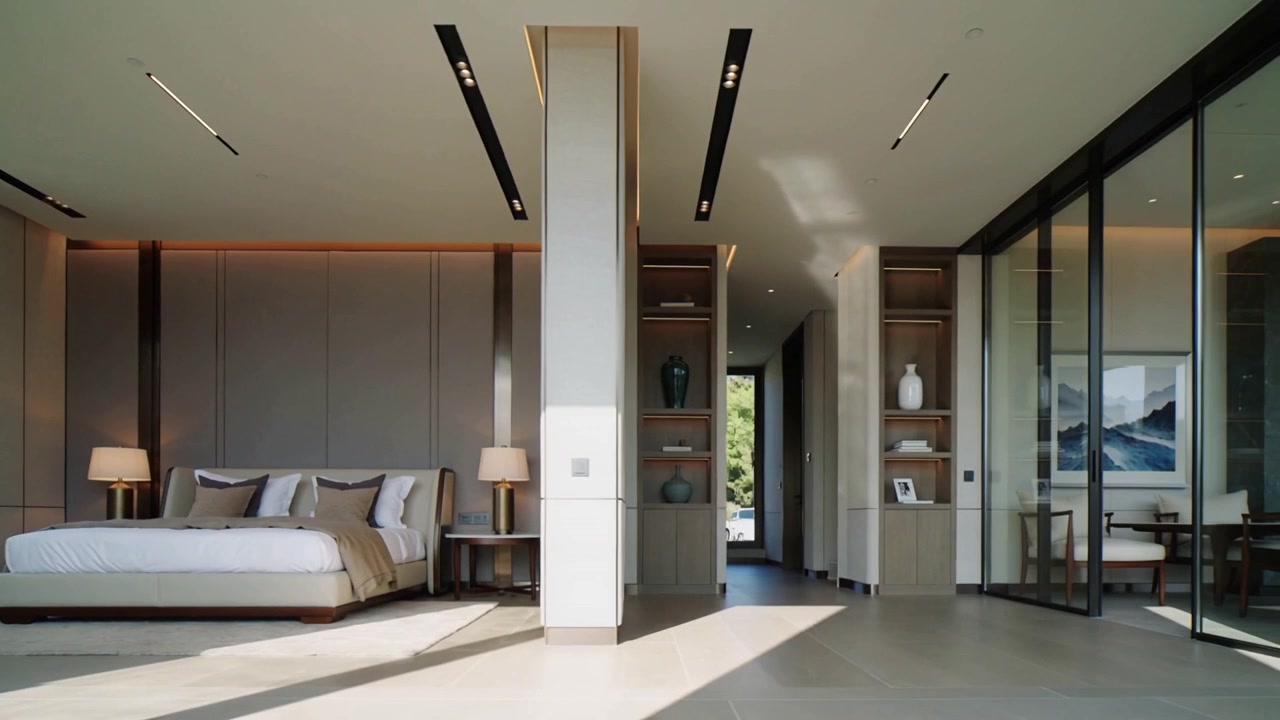 Panning camera revealing master bedroom interior shifting right at home, with column, platform bed