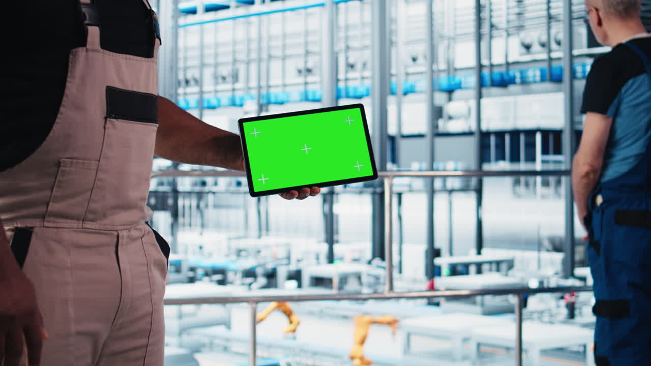 Smart factory engineer oversees operation of robotic arms with chroma key tablet