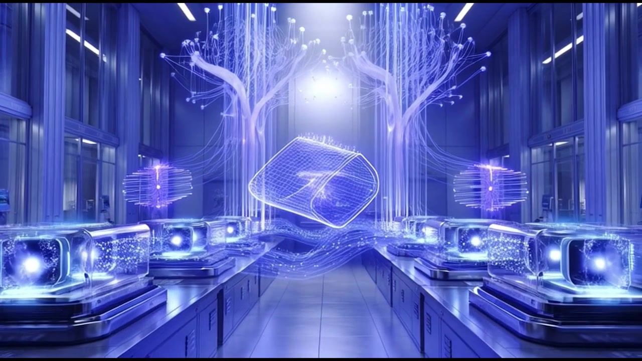 Futuristic Laboratory with Holographic Data Visualization and Glowing Energy Nodes