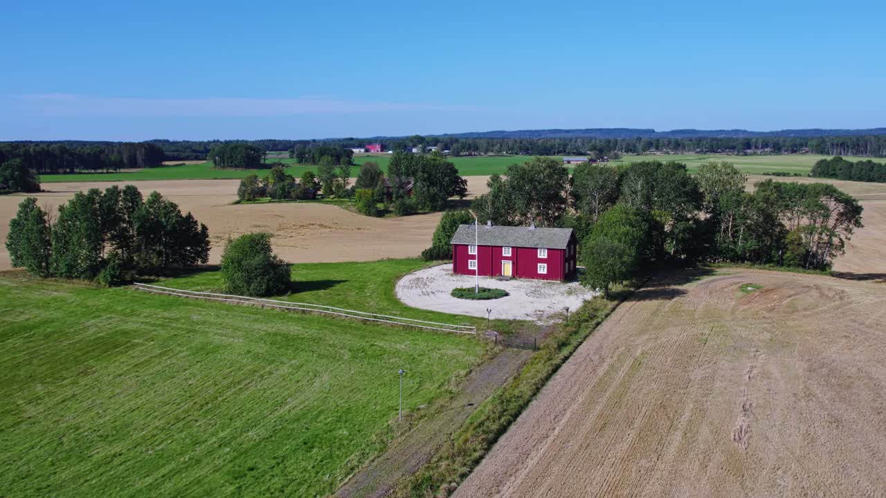 Aerial: traditional Dalslandsstuga house in the country during the day in Dalsland, Sweden, establishing drone shot
