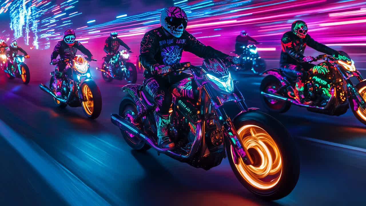 Nighttime Neon Motorcycle Race