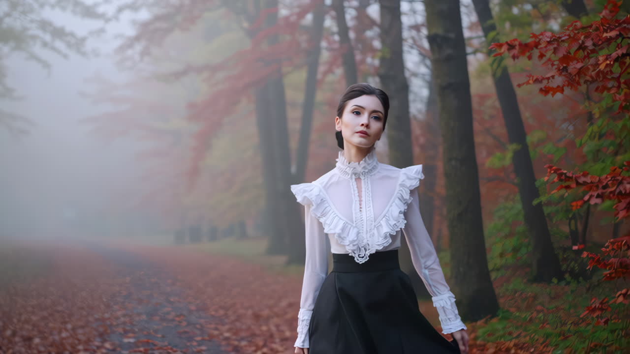 Elegant Woman in Victorian Attire in a Misty Autumn Forest