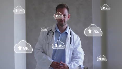 Doctor-standing-with-cloud-storage-percentage-animation-over-gray-background