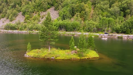 evergreen trees on small island in middle of lake, aerial dolly