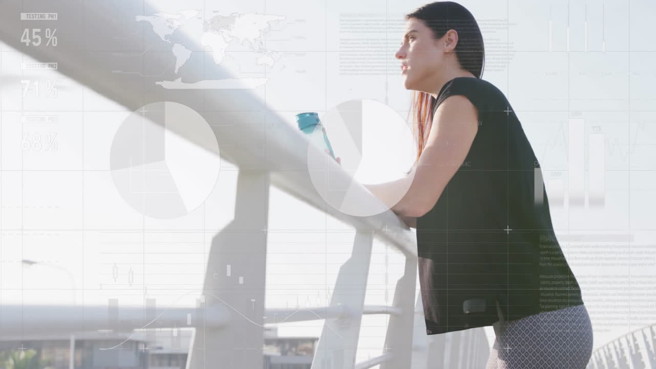 woman leaning on railing holding water bottle overlooking skyline with animated finance charts