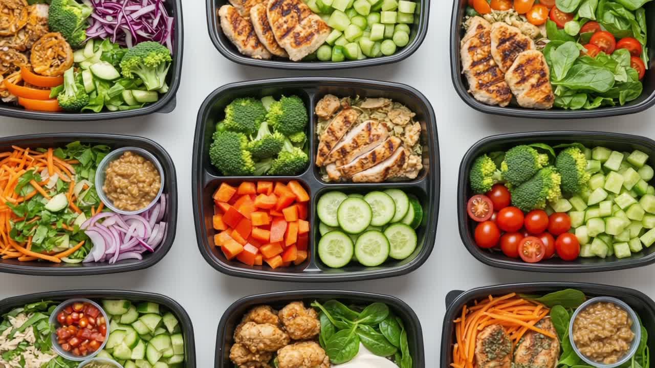 Colorful and Nutritious Meal Prep: A Beautiful Array of Healthy Lunch Boxes Filled with Fresh Vegetables and Grilled Chicken for a Balanced Diet
