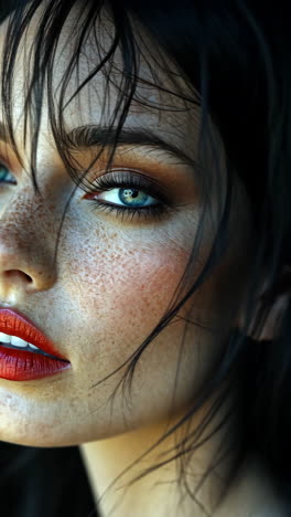 captivating close-up of a woman with striking features and bold makeup