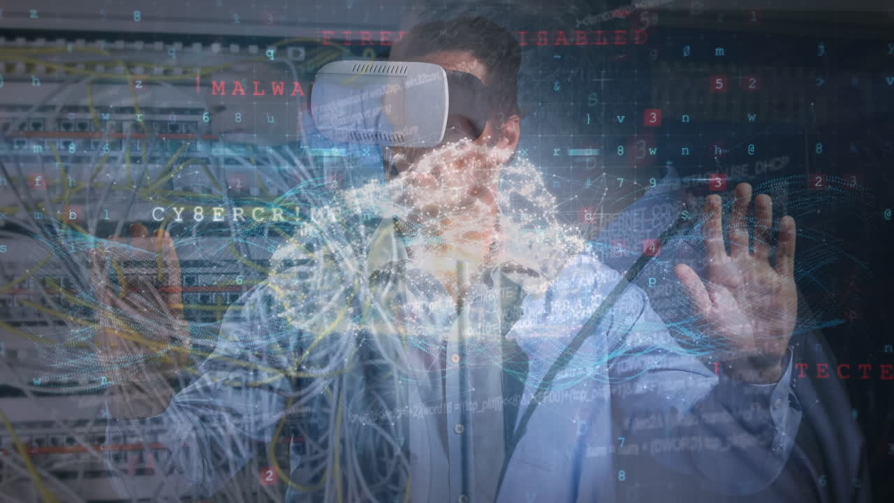 vr 헤드과 데이터 프로세싱을 사용하여 서버 에서 백인 남자의 애니메이션