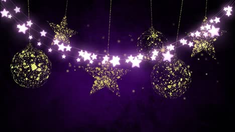Animation-of-light-chain,-golden-baubles-and-stars-on-violet-background