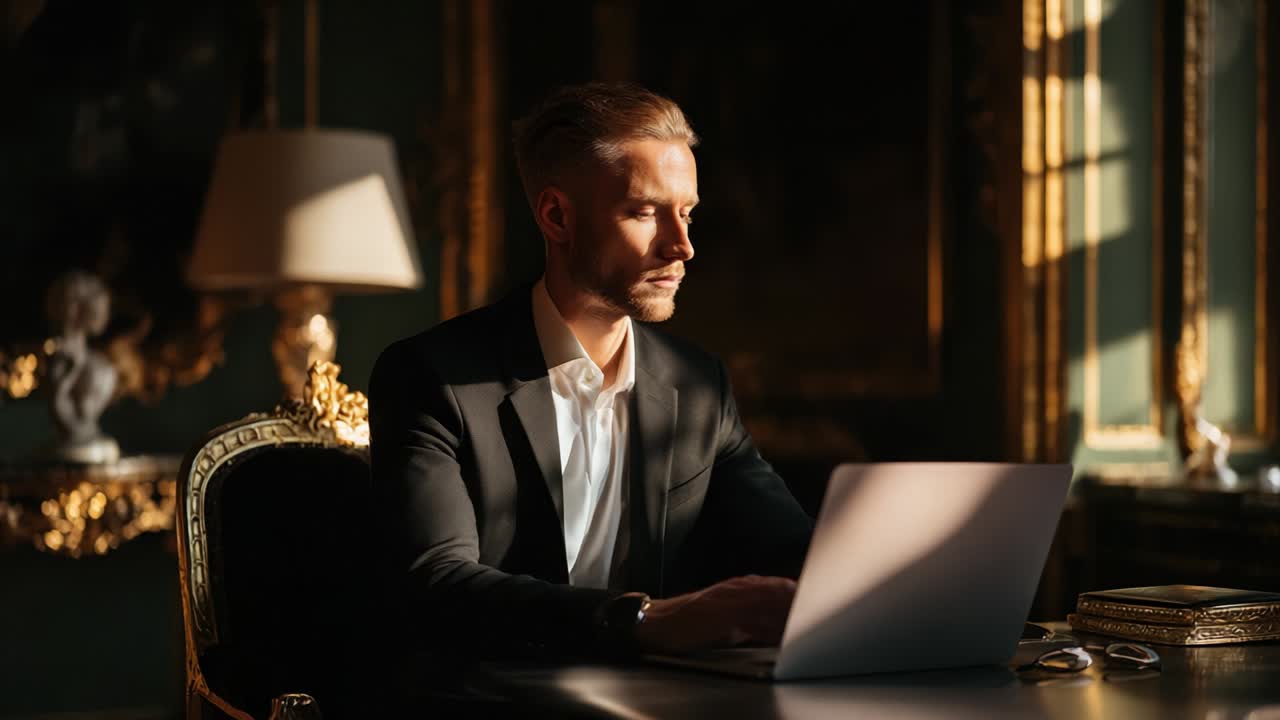 A man working on a laptop in a luxurious office