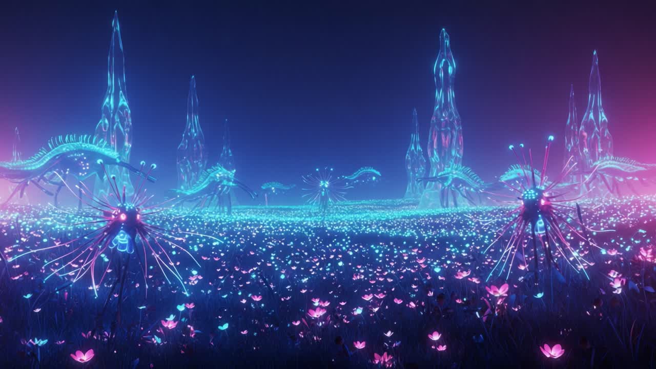 A Mesmerizing Neon Landscape: A View of a Vibrant, Otherworldly Garden Filled with Glowing Flora and Ethereal Structures in an Enchanting Night Setting