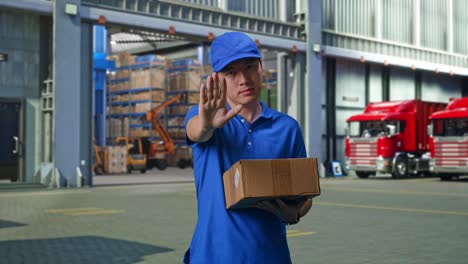 asian male courier in blue uniform making stop gesture and shaking his head while delivering a carton, outside of logistics distributions warehouse