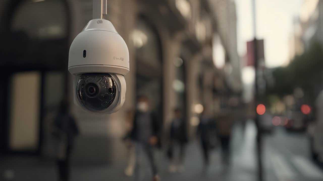 Surveillance Camera Attached to Urban Architecture Capturing City Life, Focused on CCTV Technology in a Bustling Environment with Pedestrians Passing By