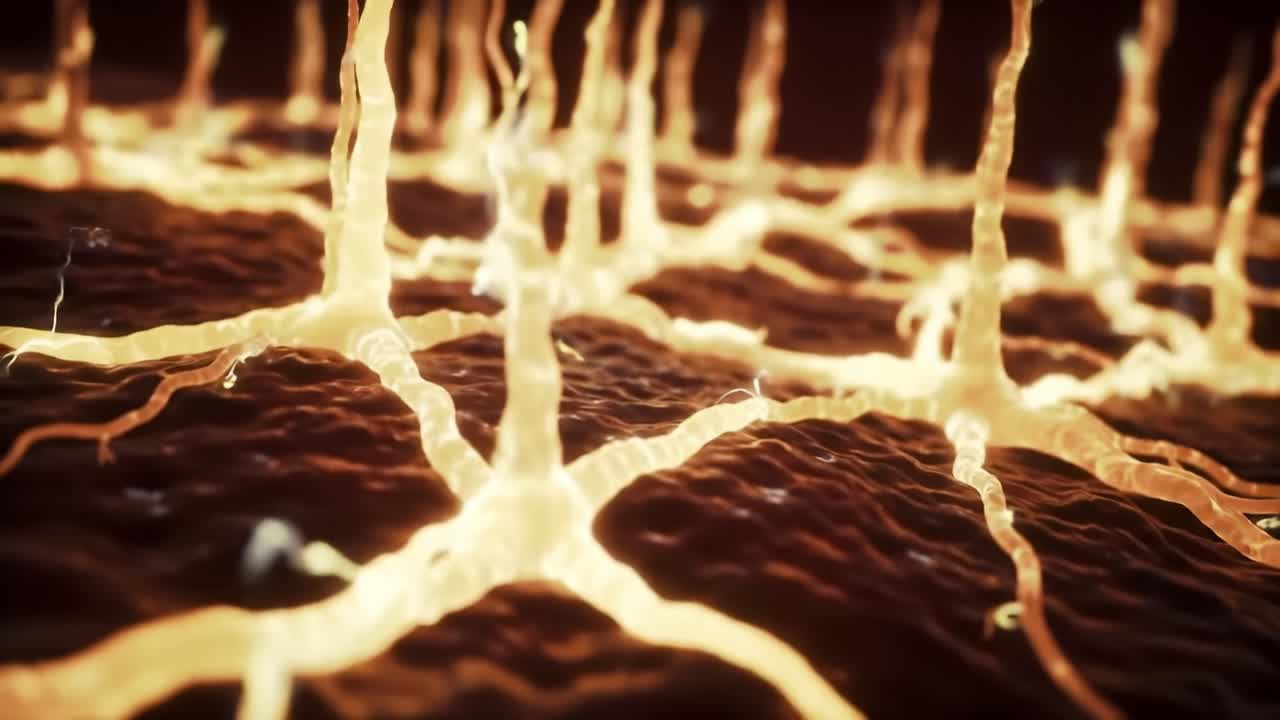 Close-up Visualization of Neuronal Networks Exhibiting Dynamic Connections and Electrical Activity, Highlighting Intricate Structures in Biological Systems