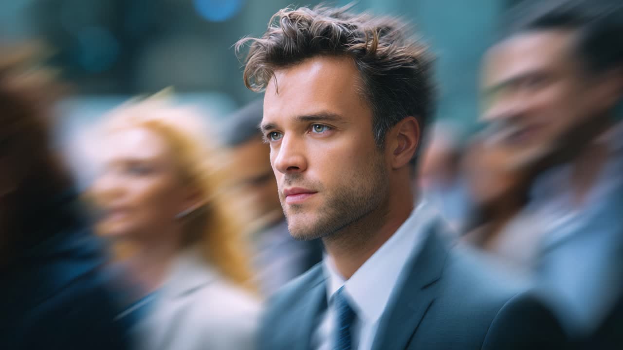 A Determined Man Navigating Through a Crowd, Exuding Confidence and Focus Amidst the Blur of Life's Implicit Challenges and Dynamic Urban Environment