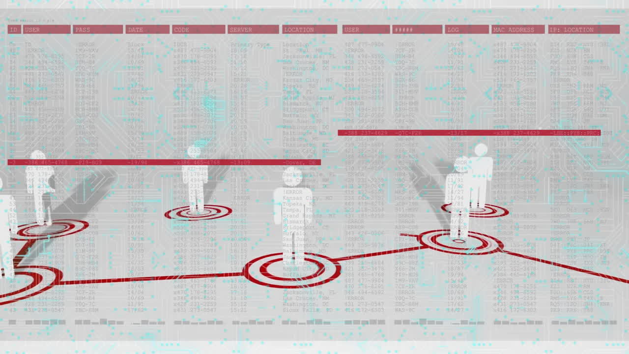 디지털 배경에 있는 사람들의 실루에 대한 데이터 애니메이션을 타링합니다.