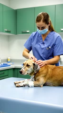 a dog is being treated by a veterinarian. the dog has a bandage on its leg.