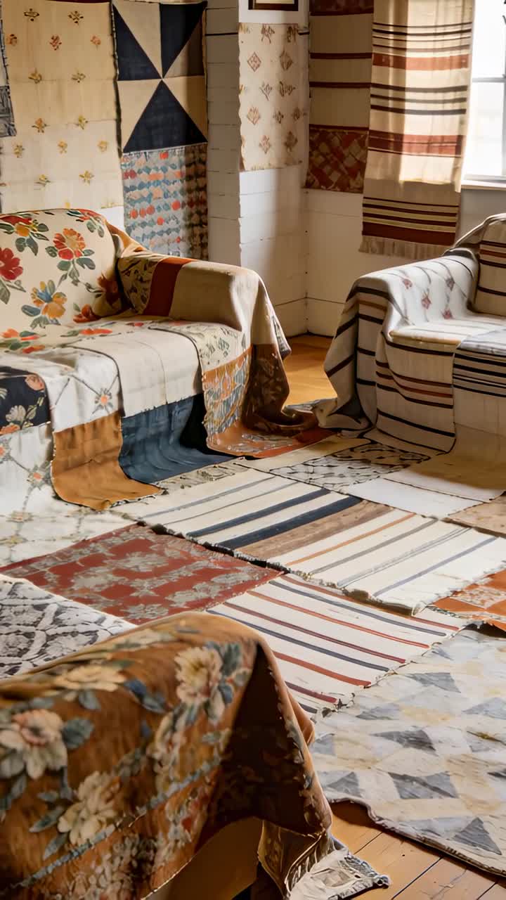 Vertical video: Moving camera across 5 frames revealing quilted sofas, rugs at home showing layers