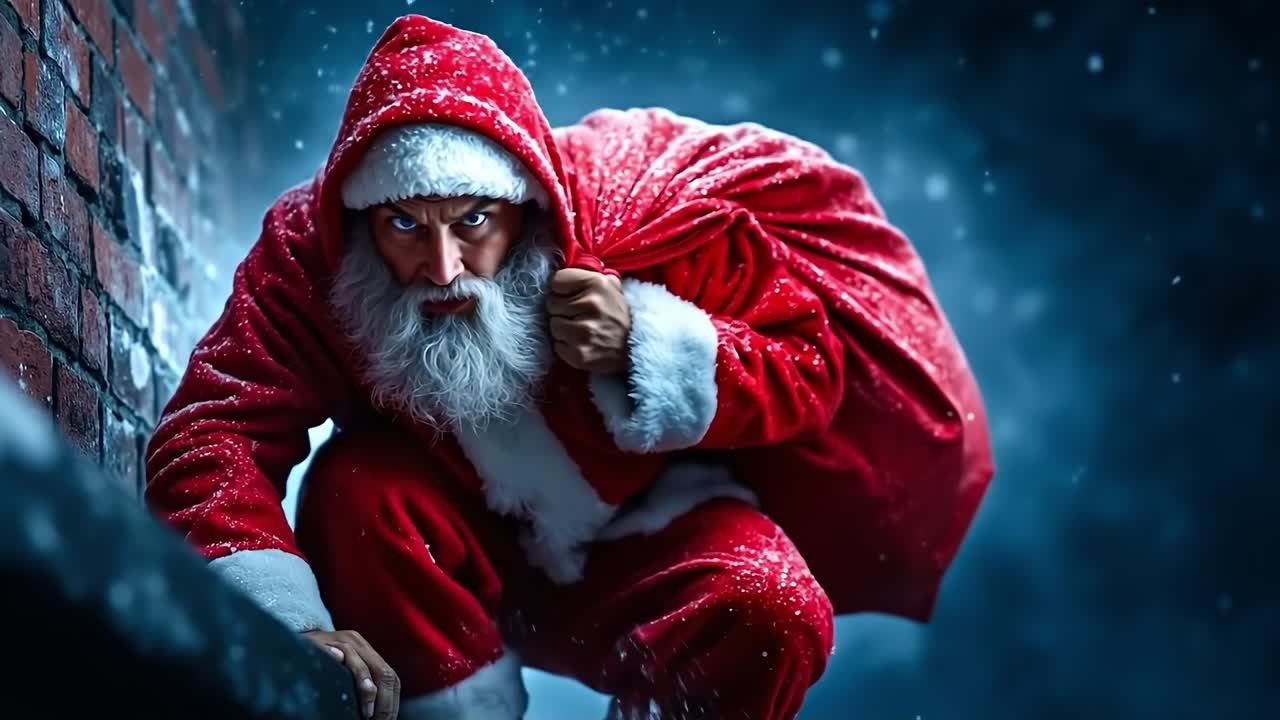 A man dressed as Santa Claus leaning against a brick wall