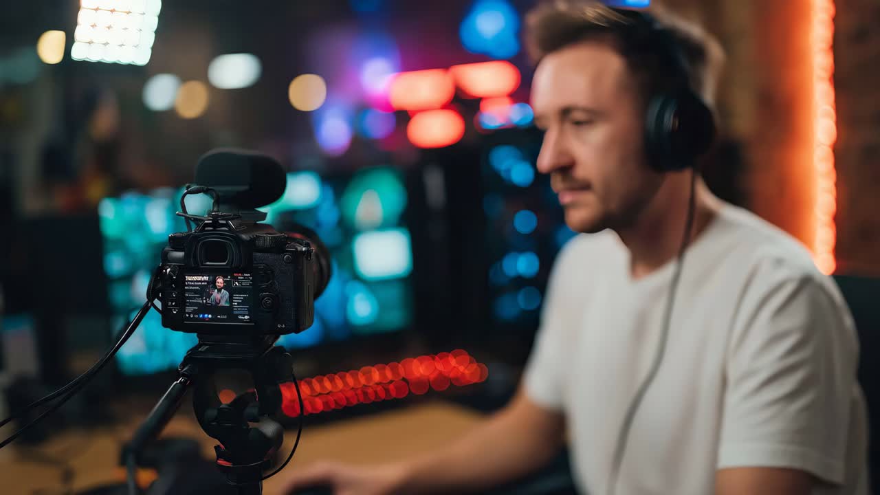 Uomo in streaming in uno studio domestico