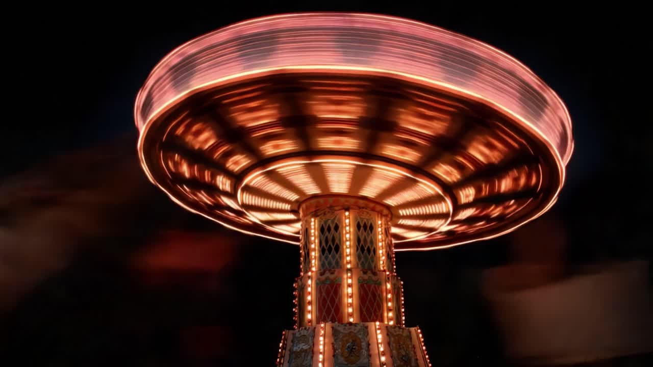 Whirling Swing Ride at Night: A Colorful Display of Lights and Motion Captivating the Evening Sky, Creating an Enchanting Atmosphere of Fun and Excitement