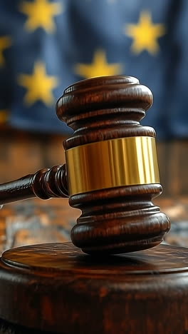 gavel on table with flag. a wooden gavel sits on a polished table with a blue flag of stars hanging in the background, symbolizing justice.