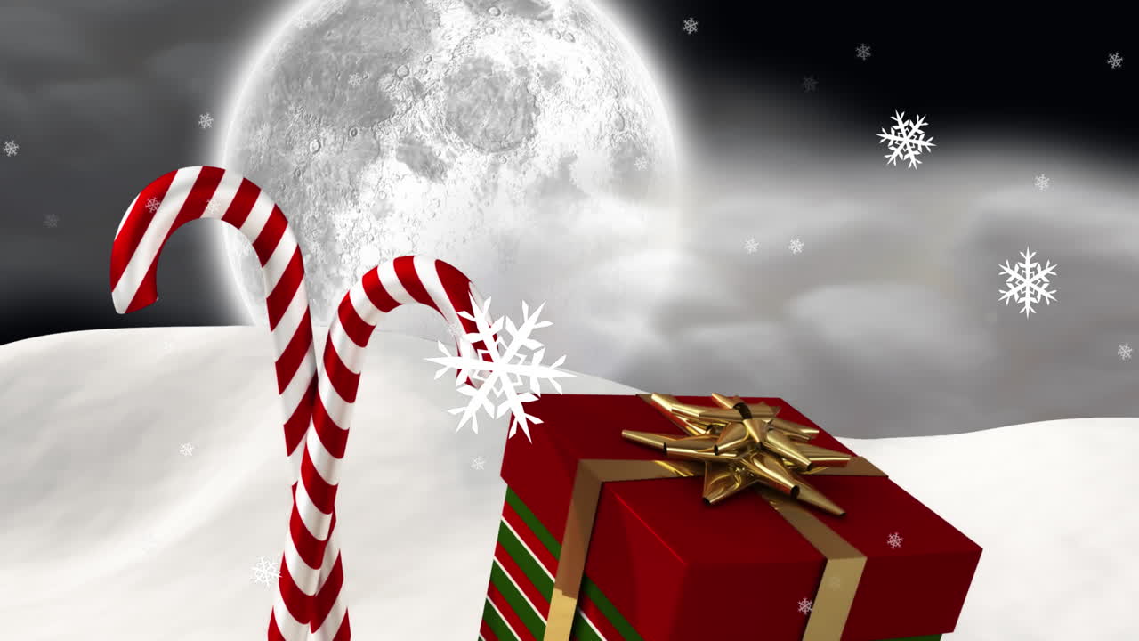 animación de copos de nieve de navidad cayendo sobre el paisaje de invierno presente en la noche