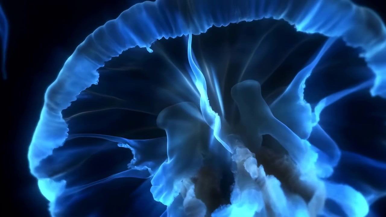 Una sequenza ravvicinata mostra la campana di una medusa blu che si apre e si ripiega ritmicamente contro l'acqua nera, con bordo luminoso, tessuto traslucido, sottili linee radiali e braccia centrali pallide visibili.
