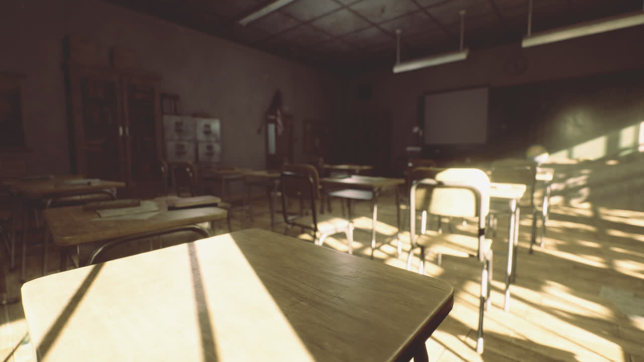 Bright sunlight filling an empty classroom reveals learning environment