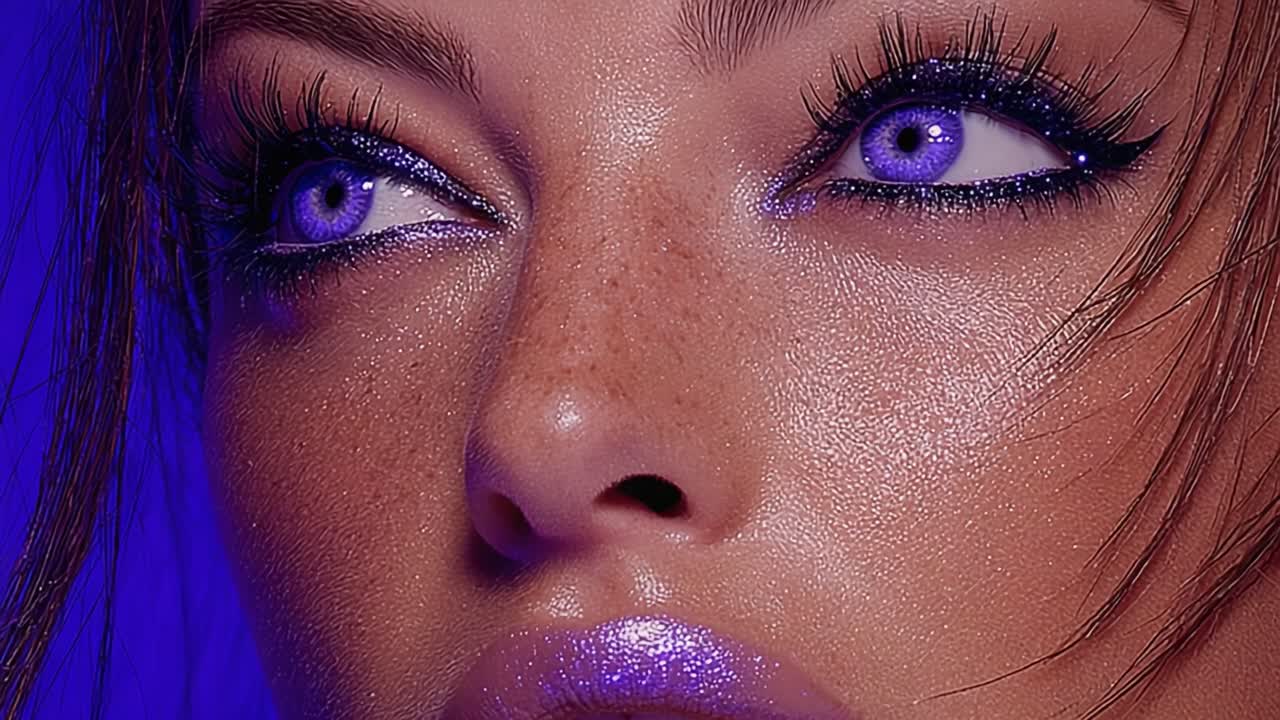 Stunning Close-Up of a Model with Vibrant Purple Eyes and Glamorous Makeup Featuring Shimmering Glossy Lips Set Against a Bold Blue Background
