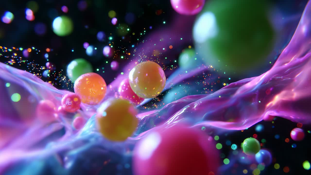 A stunning visualization of vibrant spheres floating through a colorful, dynamic fluid space, creating an enchanting scene filled with energy and movement, showcasing the beauty of abstract art and digital design