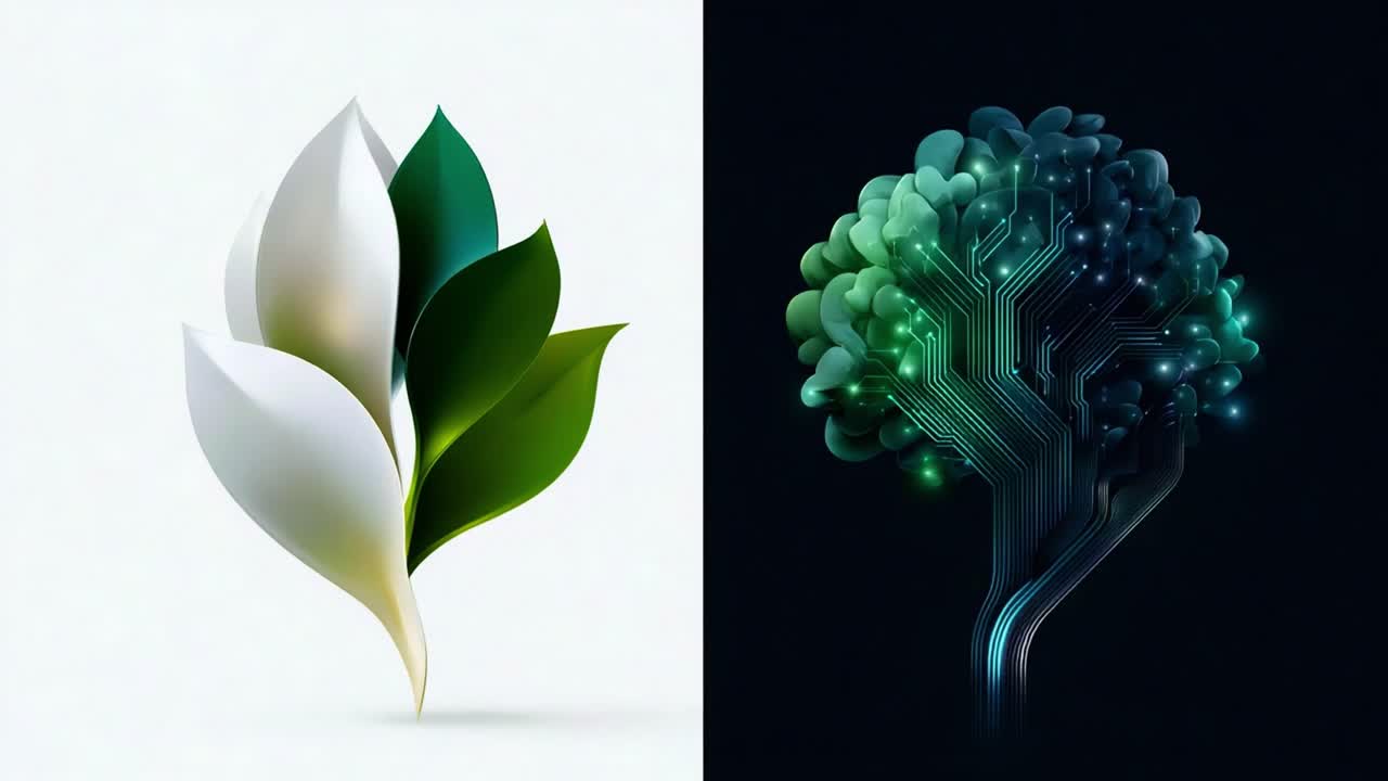 A Visual Contrast Between Nature and Technology: An Artistic Representation of Leaves Merging with a Neural Network, Symbolizing the Harmony Between Organic Growth and Digital Innovation