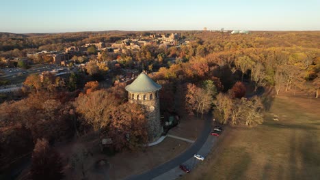 iconic rockford tower wilmington delaware drone sunny autumn day leaves changing