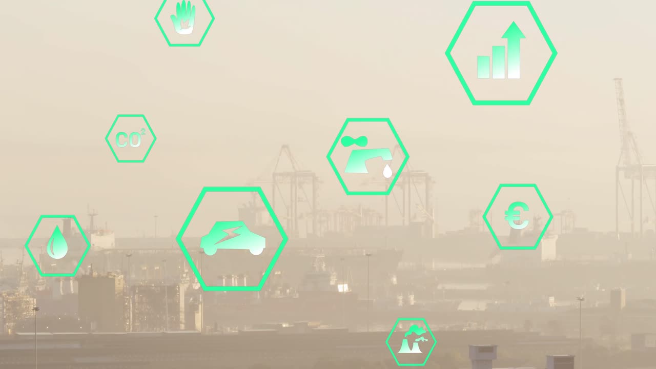 múltiples iconos de energía verde flotando contra la vista aérea del paisaje urbano