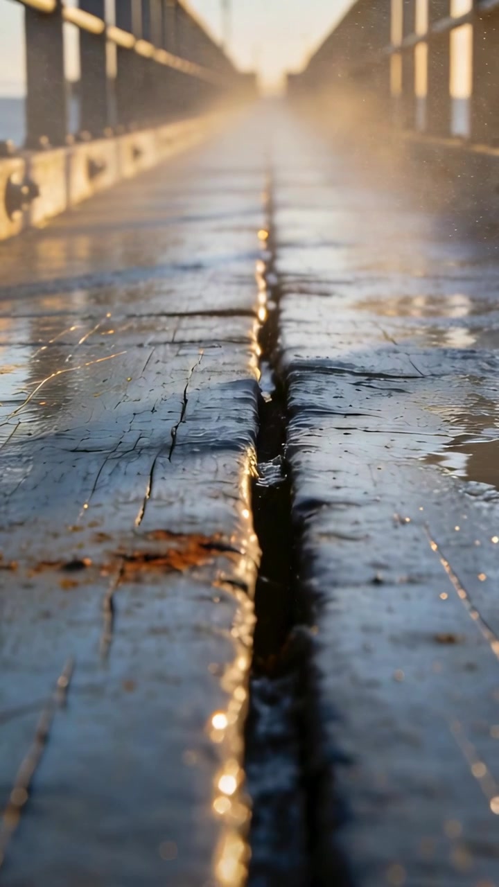 Vertical video: Moving camera forward, central pier seam drawing eye to horizon while mist forming