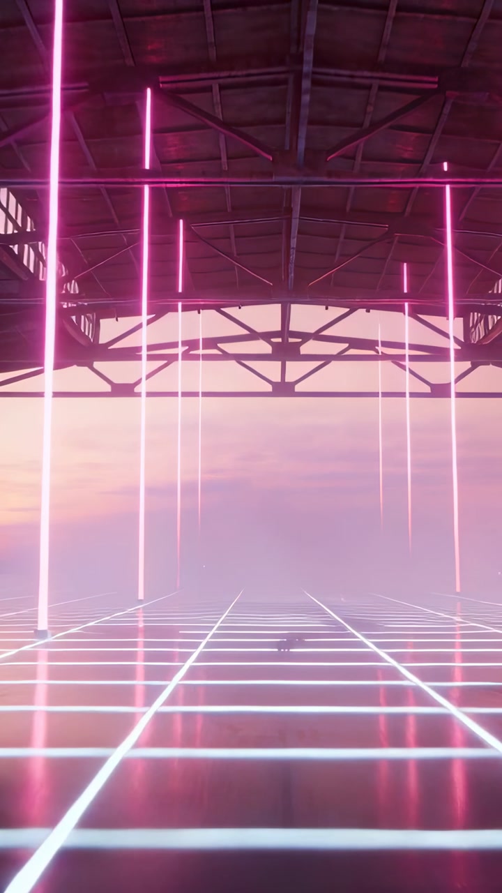 Pulsing vertical pink neon rods driving glowing cyan grid reflections to animate scene in hangar
