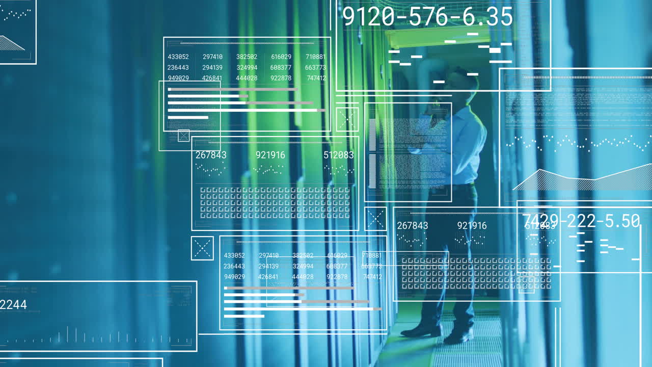 animación de diagramas y procesamiento de datos sobre trabajador masculino biracial en la sala de servidores