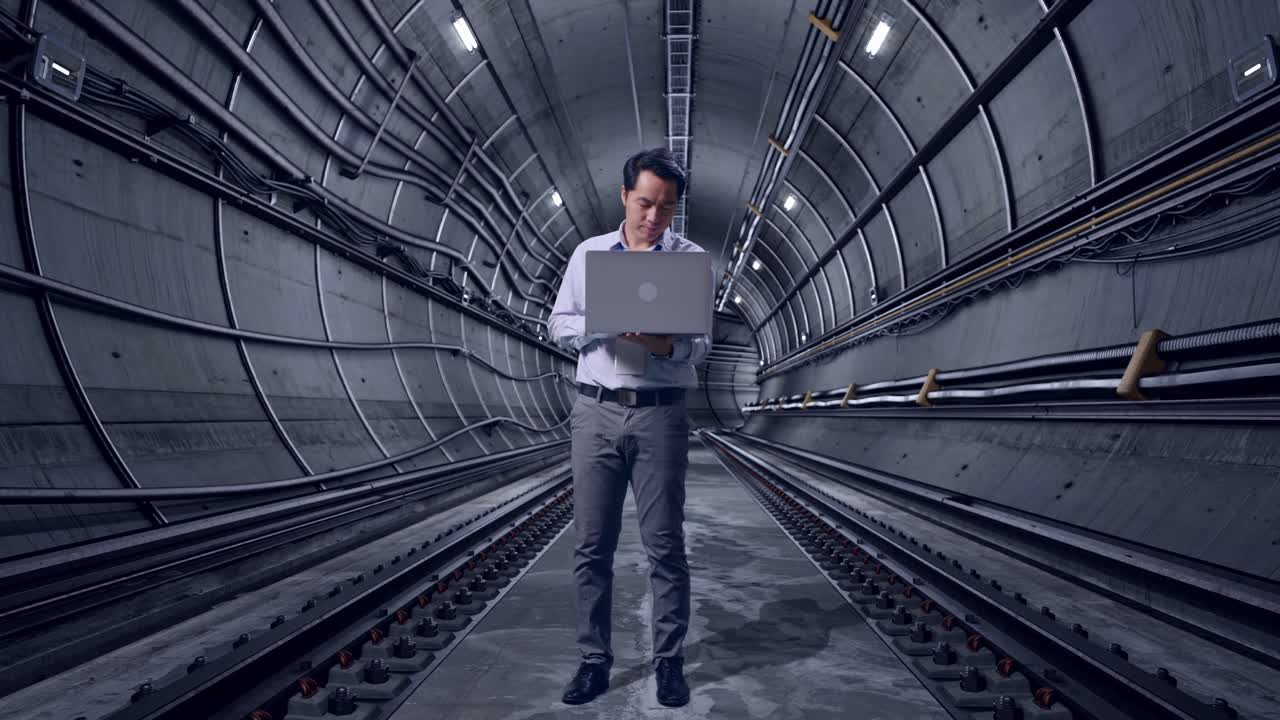 Full Body Of An Asian Male Professional Worker Standing With His Laptop In Underground Subway Tunnel, He Is Nodding His Head With Dissapionted
